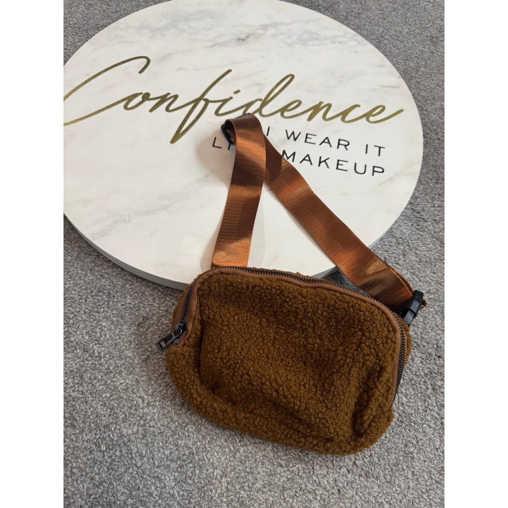 Brown Sherpa Fleece Crossbody Belt Bag Fanny Pack Adjustable Strap Purse